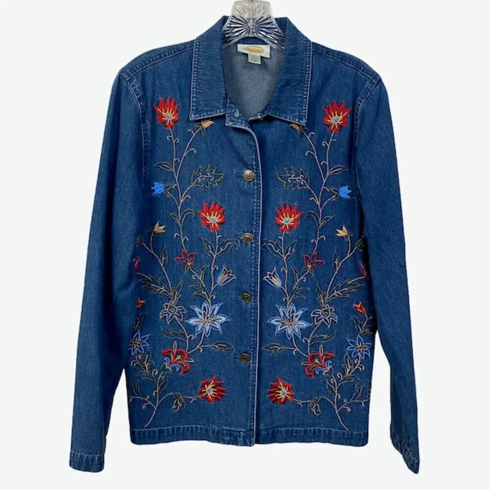 TALBOTS Sz 8 Embroidered Denim Shirt Jacket Boho Floral Jean Metal Buttons
